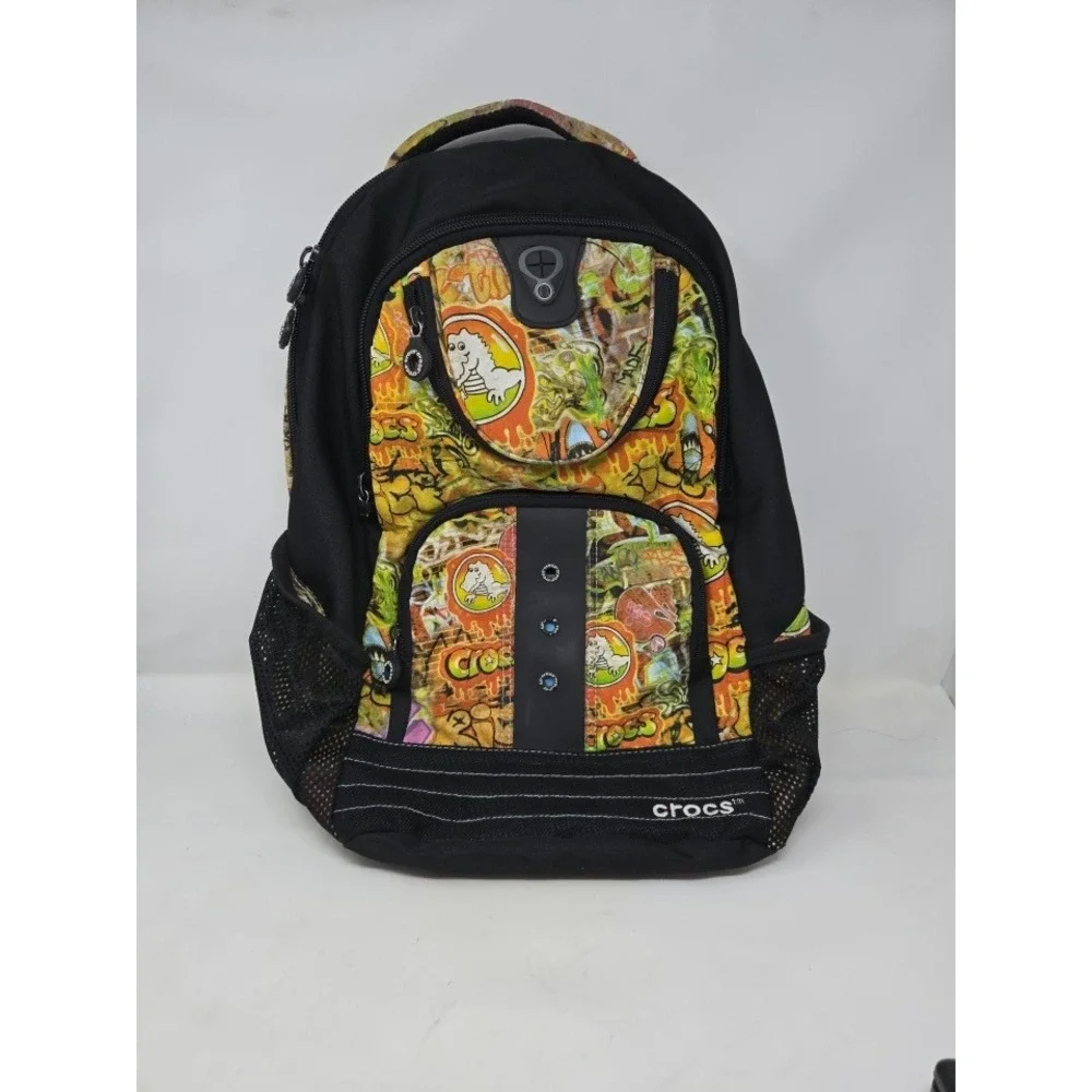 Crocs Graffiti Print Backpack Black Orange Green Jibbitz Charms Holes School Bag